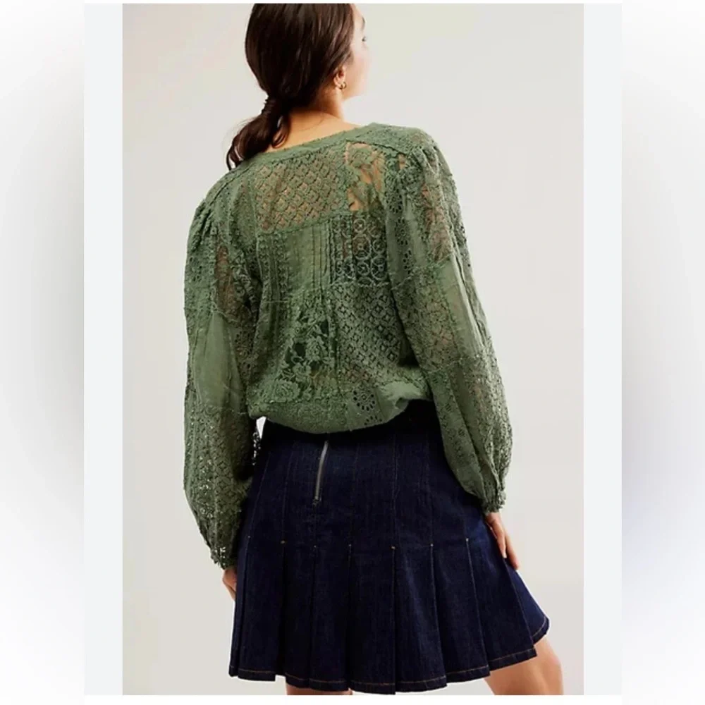 NEW Free People FP One Naya Lace Green Sea Spray Boho Blouse M